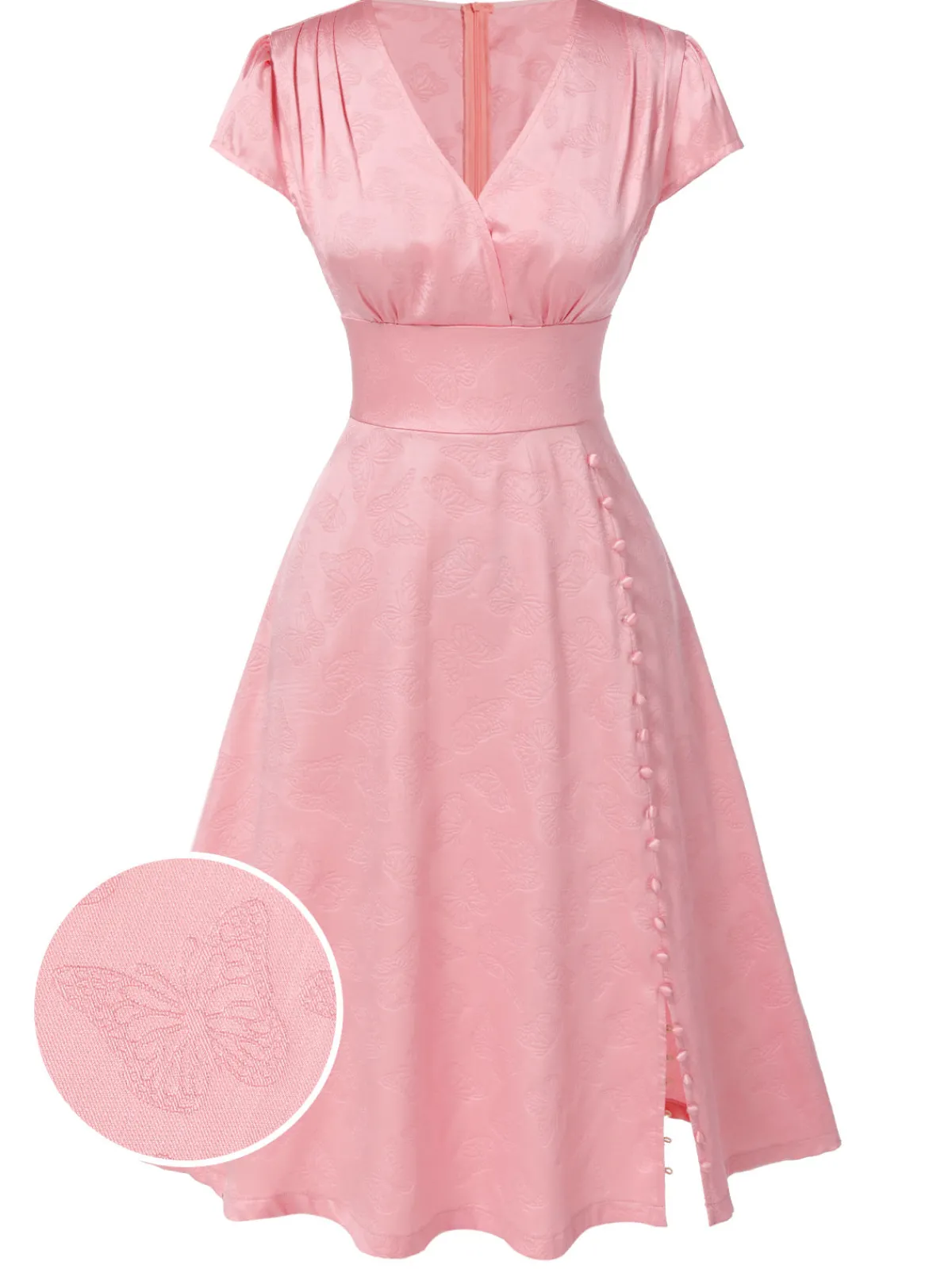 Fashion Retro Stage 1940s Deep V-Neck Butterfly Satin Dress Pink