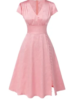 Fashion Retro Stage 1940s Deep V-Neck Butterfly Satin Dress Pink