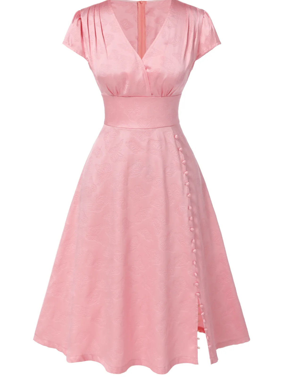Fashion Retro Stage 1940s Deep V-Neck Butterfly Satin Dress Pink