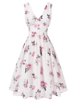 Sale Retro Stage 1940s Deep V-Neck Chiffon Rose Dress Pink
