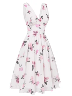 Sale Retro Stage 1940s Deep V-Neck Chiffon Rose Dress Pink