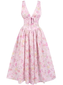 Discount Retro Stage 1950s Deep V-Neck Lace-Up Floral Dress Pink
