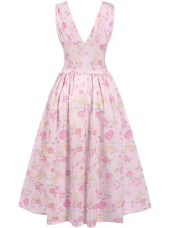 Discount Retro Stage 1950s Deep V-Neck Lace-Up Floral Dress Pink