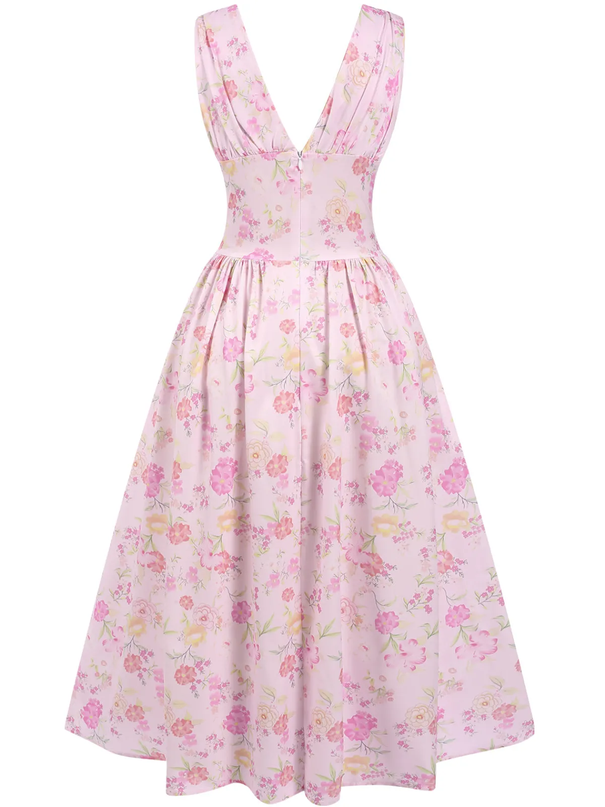 Discount Retro Stage 1950s Deep V-Neck Lace-Up Floral Dress Pink