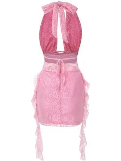 Outlet Retro Stage 1960s Deep-V Halter Floral Lace Dress Pink