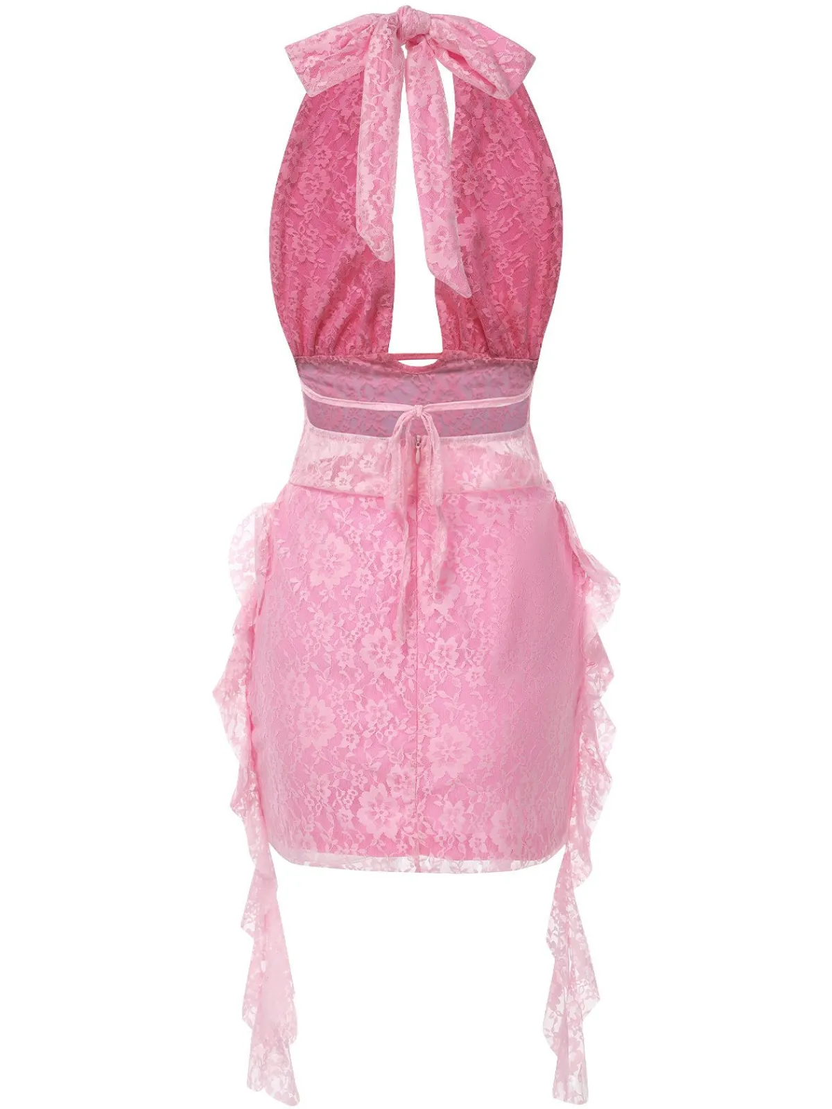 Outlet Retro Stage 1960s Deep-V Halter Floral Lace Dress Pink