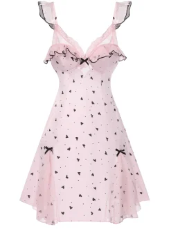 Hot Retro Stage 1960s Deep-V Hearts Lace Sling Nightgown Pink