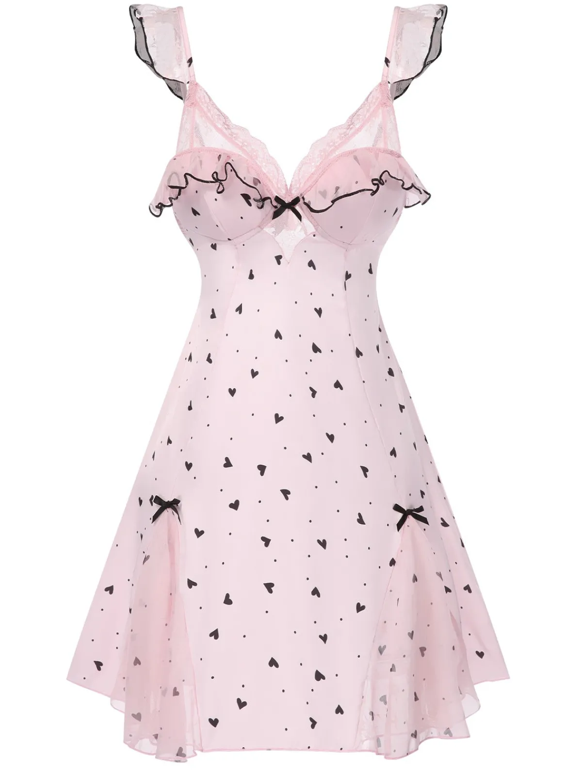 Hot Retro Stage 1960s Deep-V Hearts Lace Sling Nightgown Pink