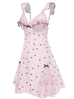 Hot Retro Stage 1960s Deep-V Hearts Lace Sling Nightgown Pink