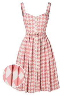 Online Retro Stage 1950s Diamond Grid Swing Dress Pink