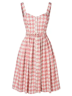 Online Retro Stage 1950s Diamond Grid Swing Dress Pink