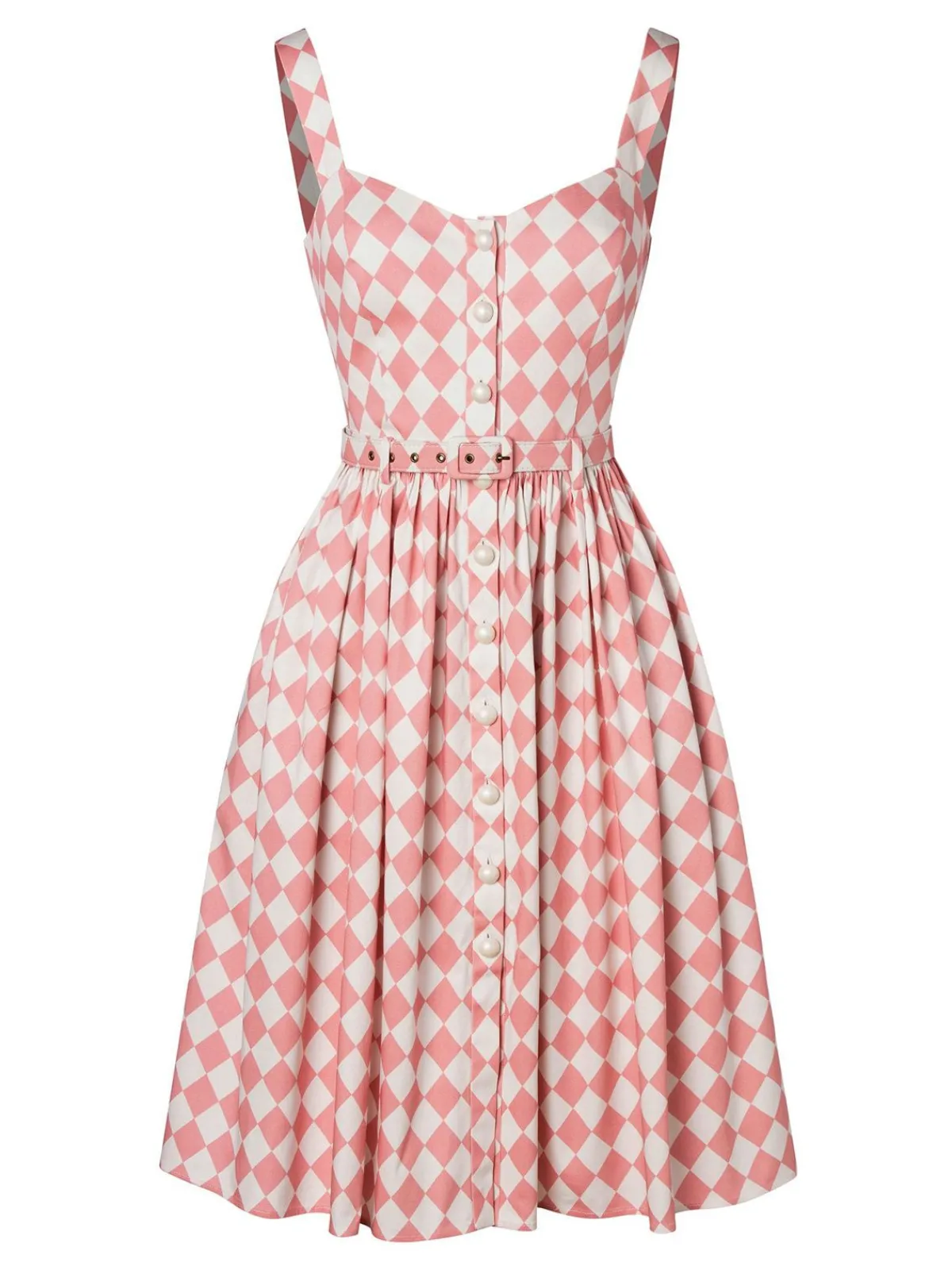 Online Retro Stage 1950s Diamond Grid Swing Dress Pink