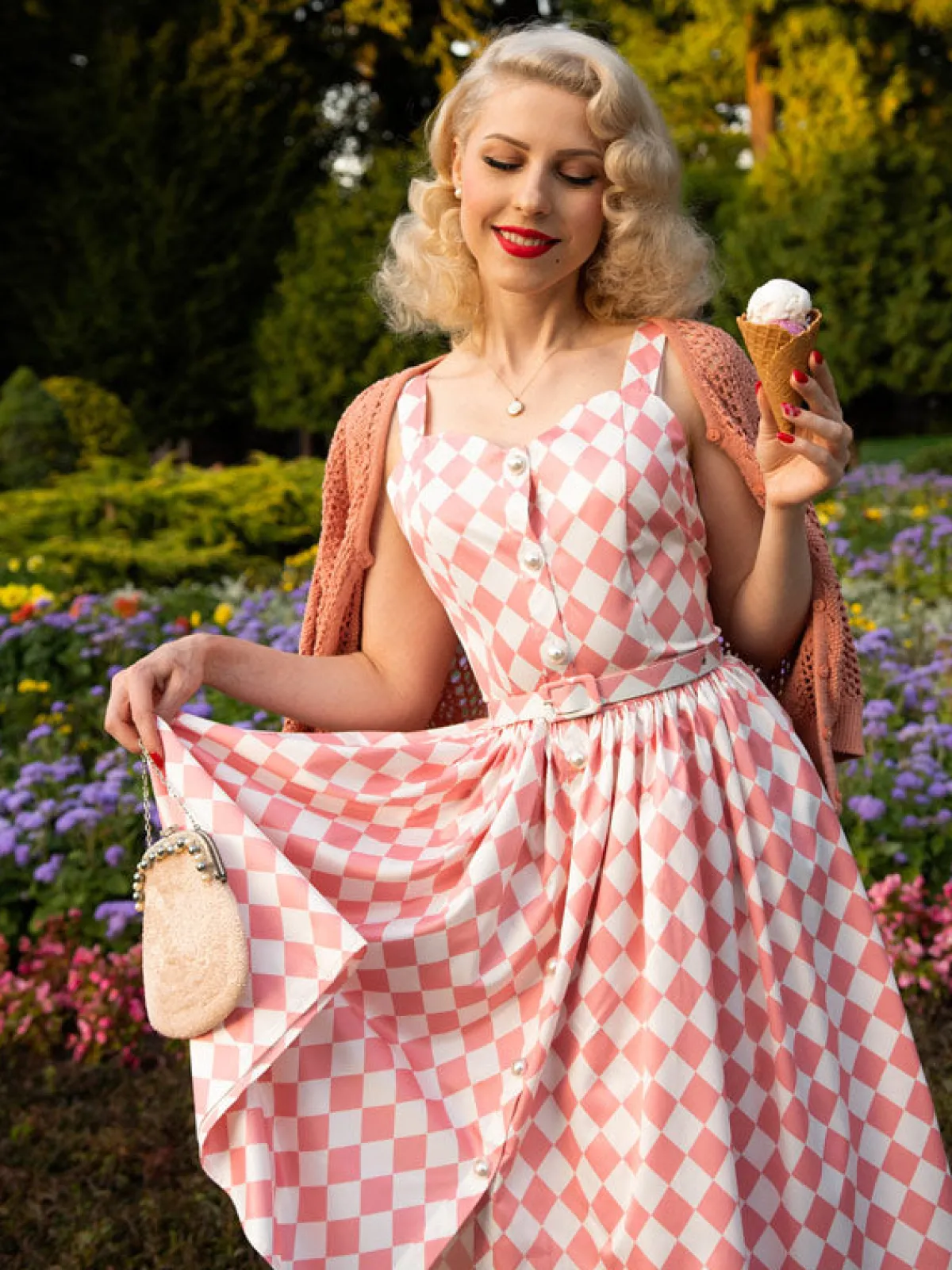 Online Retro Stage 1950s Diamond Grid Swing Dress Pink