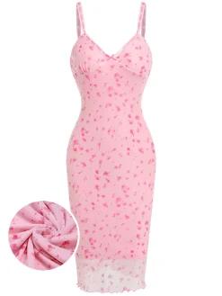 New Retro Stage 1950s Ditsy Floral Mesh Spaghetti Straps Sleepwear Pink