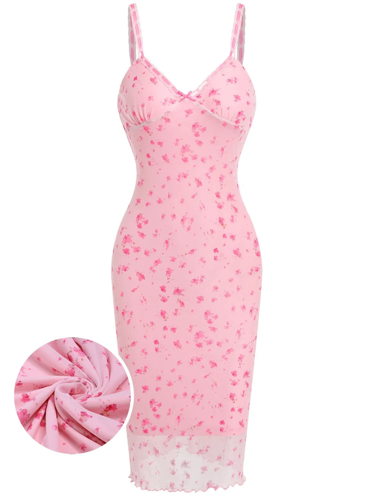 New Retro Stage 1950s Ditsy Floral Mesh Spaghetti Straps Sleepwear Pink