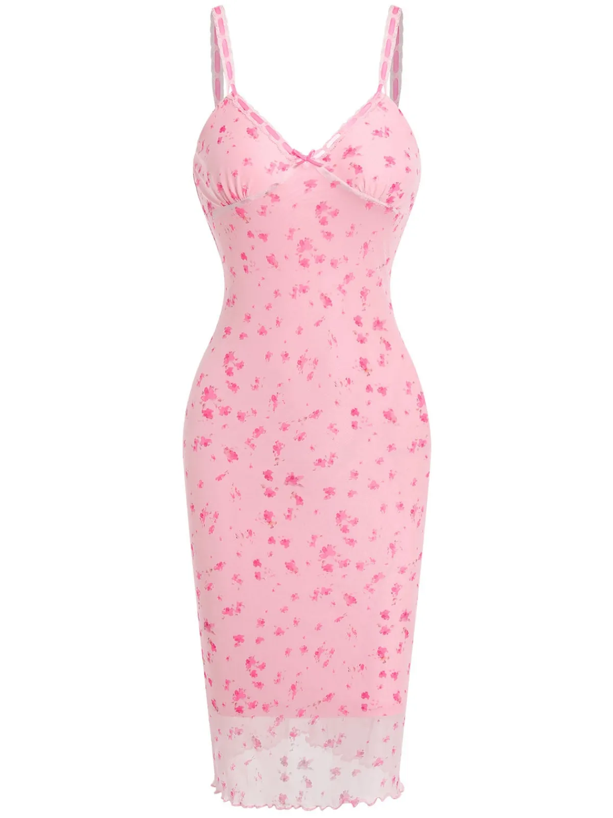 New Retro Stage 1950s Ditsy Floral Mesh Spaghetti Straps Sleepwear Pink