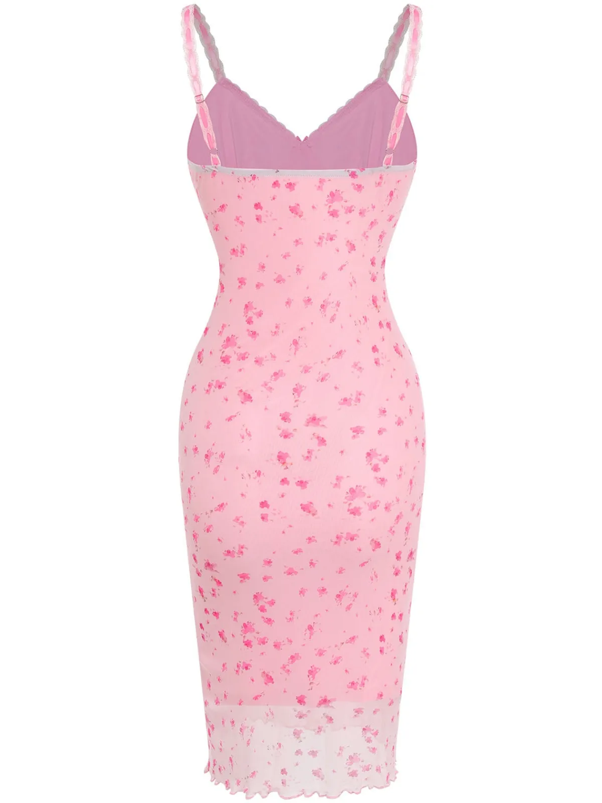 New Retro Stage 1950s Ditsy Floral Mesh Spaghetti Straps Sleepwear Pink