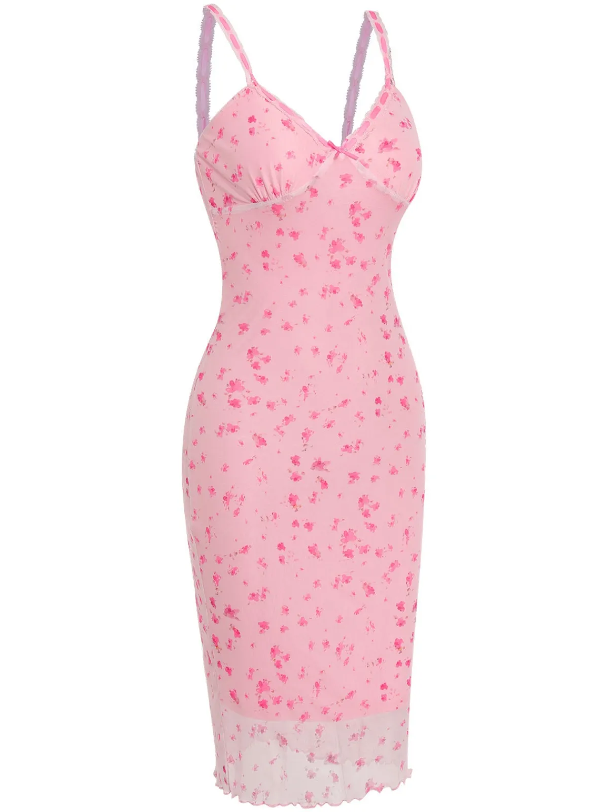 New Retro Stage 1950s Ditsy Floral Mesh Spaghetti Straps Sleepwear Pink