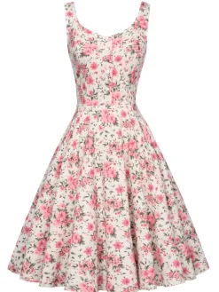 Online Retro Stage 1950s Ditsy Floral Smocked Dress Pink