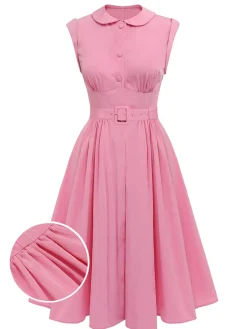 Best Retro Stage 1940s Doll Collar Solid Dress Pink