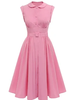 Best Retro Stage 1940s Doll Collar Solid Dress Pink