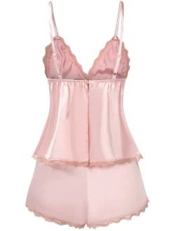 Sale Retro Stage 1950s Dots Lace Trim Satin Pajama Set Pink