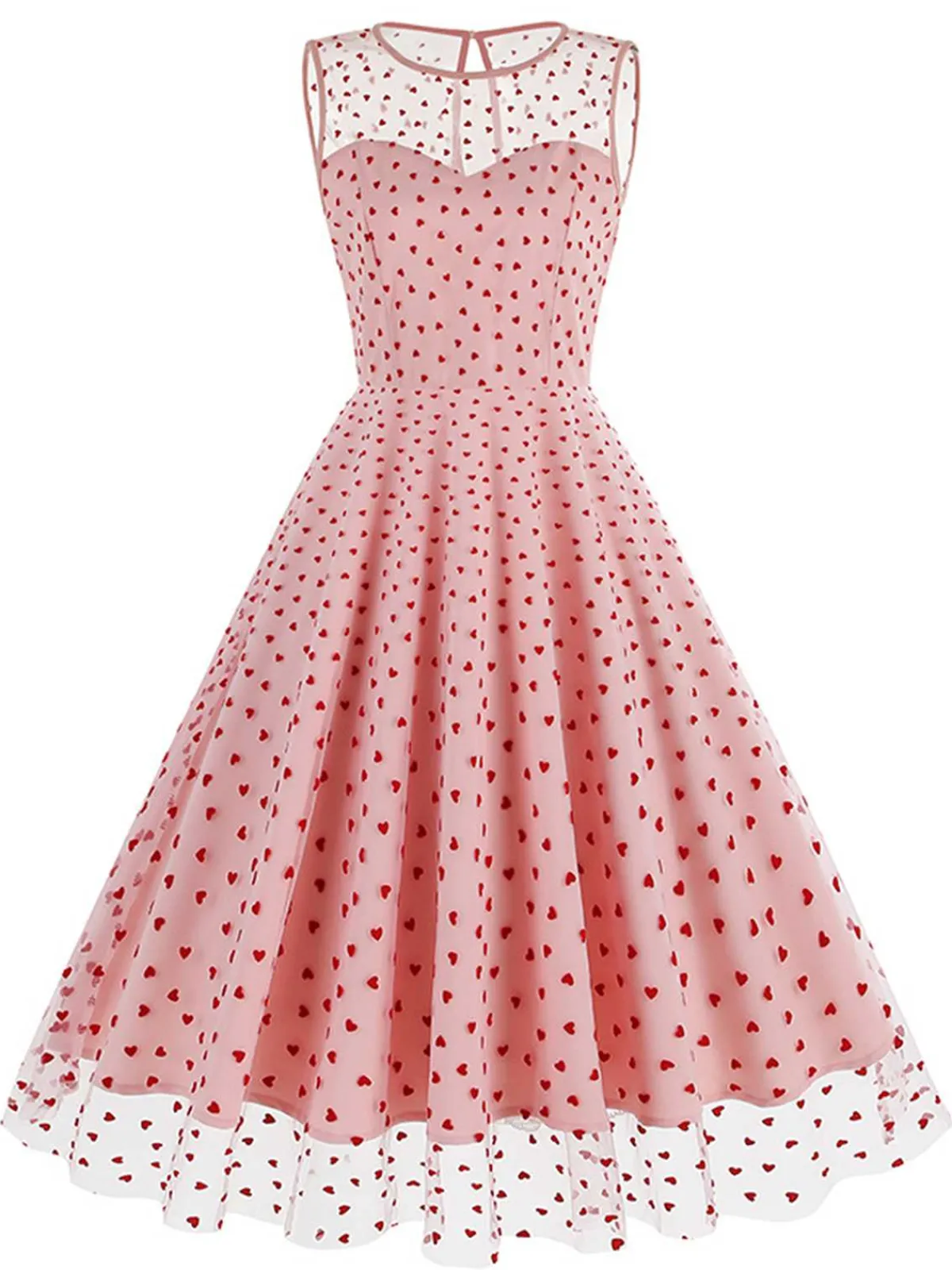 Discount Retro Stage Pink 1950s Flocked Heart Mesh Patchwork Dress