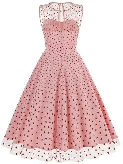 Discount Retro Stage Pink 1950s Flocked Heart Mesh Patchwork Dress
