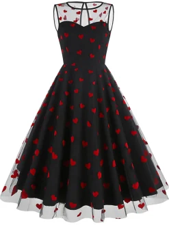 Discount Retro Stage Pink 1950s Flocked Heart Mesh Patchwork Dress
