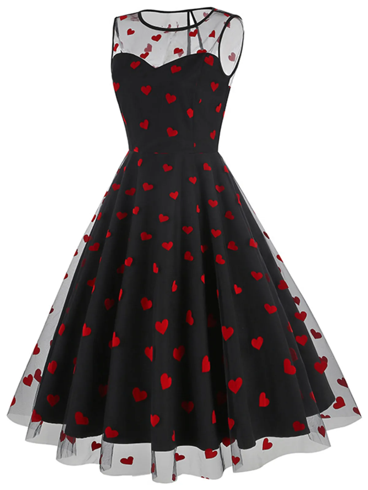 Discount Retro Stage Pink 1950s Flocked Heart Mesh Patchwork Dress