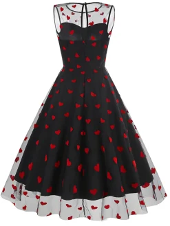 Discount Retro Stage Pink 1950s Flocked Heart Mesh Patchwork Dress