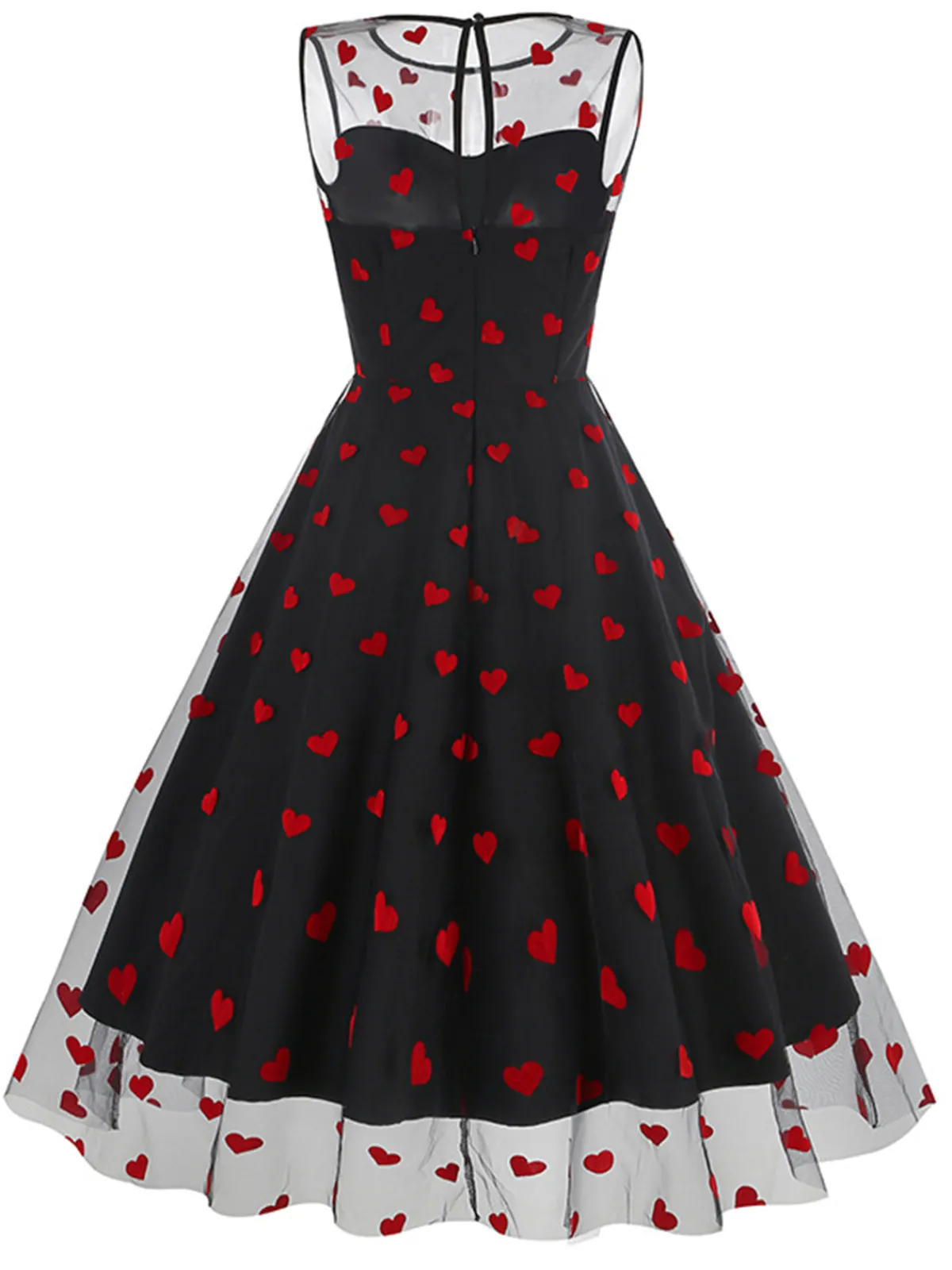Discount Retro Stage Pink 1950s Flocked Heart Mesh Patchwork Dress