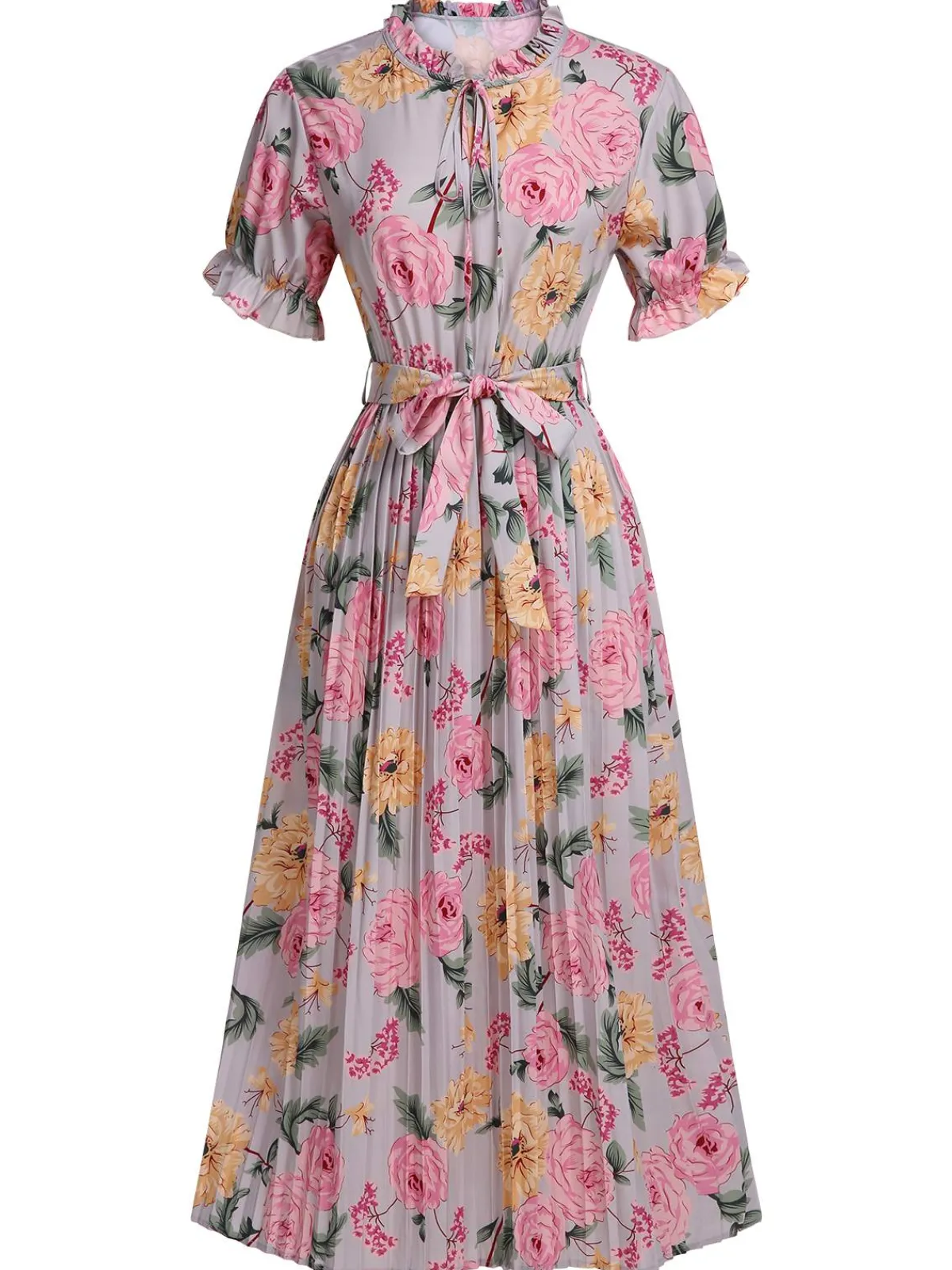 Clearance Retro Stage 1930s Floral Bow Tie Pleated Dress Pink