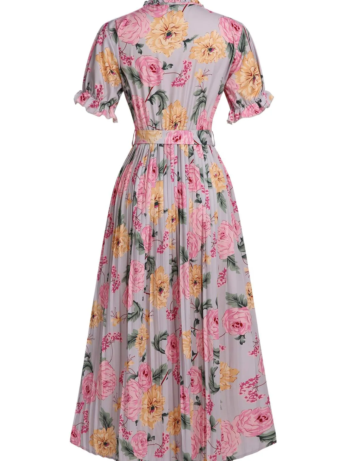 Clearance Retro Stage 1930s Floral Bow Tie Pleated Dress Pink