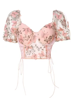 Best Retro Stage 1950s Floral Butterfly Puff Sleeves Top Pink