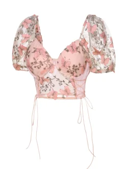 Best Retro Stage 1950s Floral Butterfly Puff Sleeves Top Pink