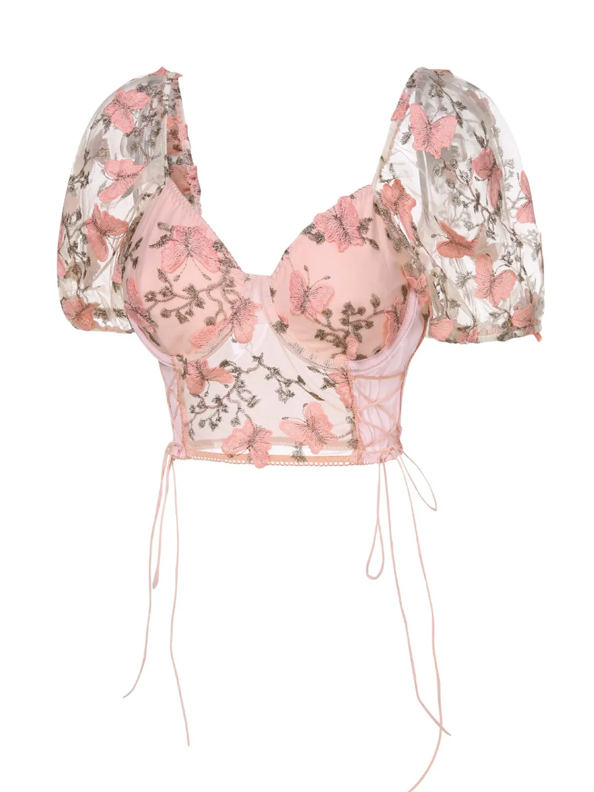Best Retro Stage 1950s Floral Butterfly Puff Sleeves Top Pink