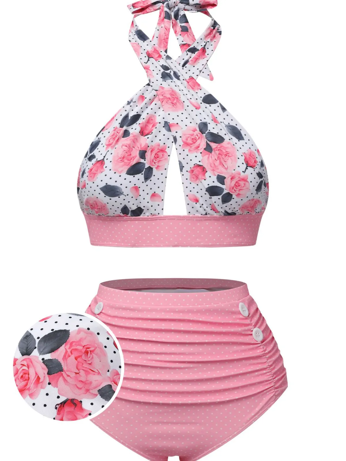 Hot Retro Stage Pink 1940s Floral Cross Halter Swimsuit