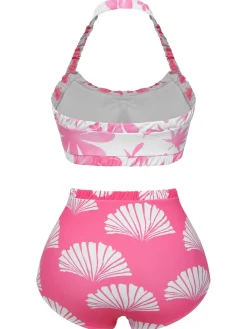 Fashion Retro Stage 1930s Floral Elastic Gathers Halter Swimsuit Pink