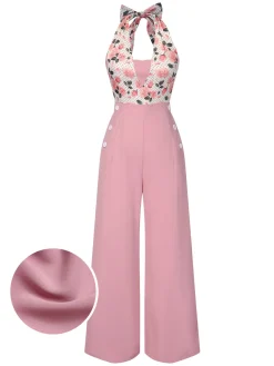 Online Retro Stage 1930s Floral Halter Jumpsuit Pink