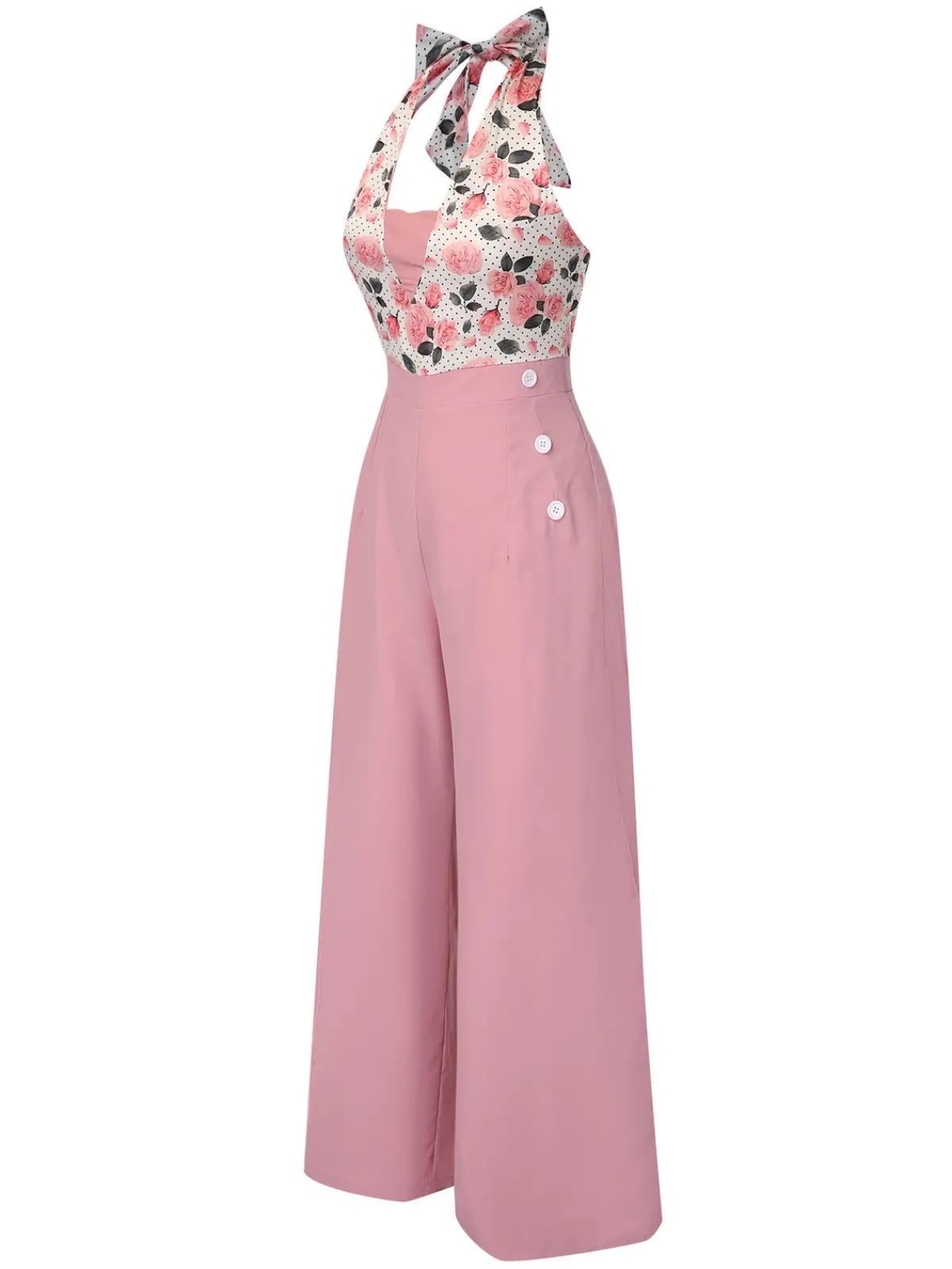 Online Retro Stage 1930s Floral Halter Jumpsuit Pink