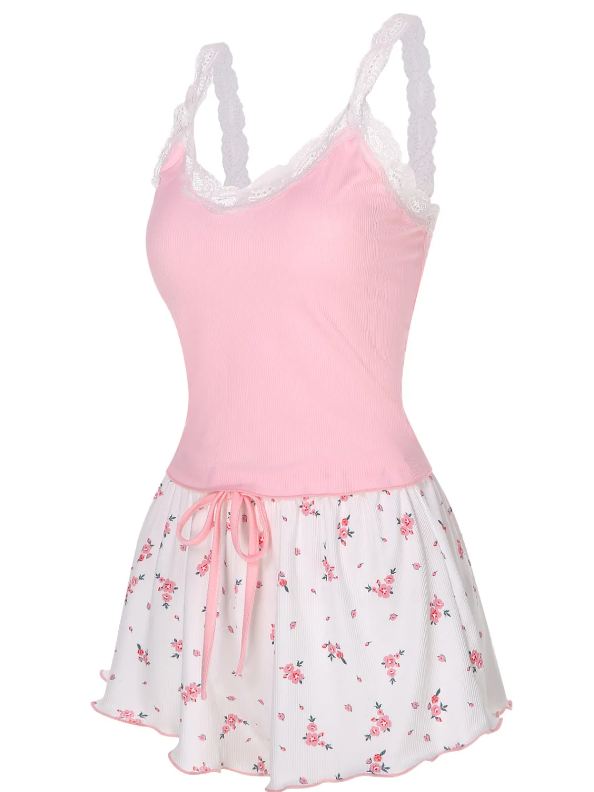 Best Retro Stage 1950s Floral Lace Patchwork Sleepwear Pink