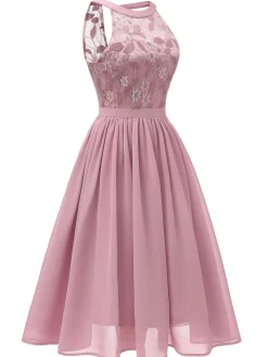 Fashion Retro Stage 1950s Floral Lace Swing Dress Pink