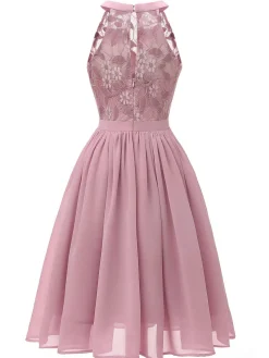 Fashion Retro Stage 1950s Floral Lace Swing Dress Pink