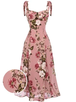 Sale Retro Stage 1940s Floral Lace-Up Dress Pink