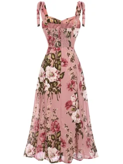 Sale Retro Stage 1940s Floral Lace-Up Dress Pink