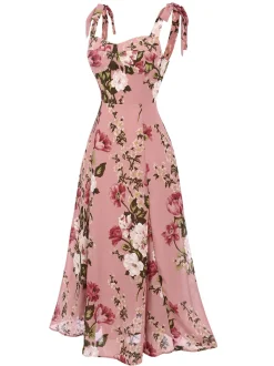 Sale Retro Stage 1940s Floral Lace-Up Dress Pink