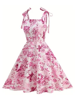 Sale Retro Stage 1950s Floral Lace-Up Swing Dress Pink