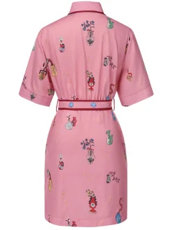 Online Retro Stage 1960s Floral Print Lapel Belted Dress Pink