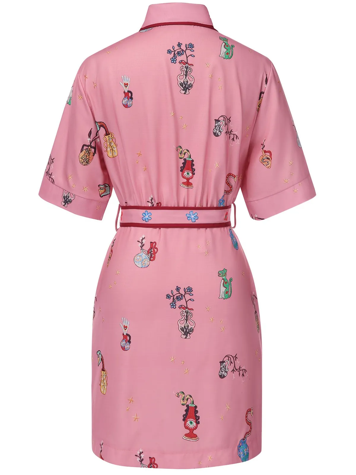 Online Retro Stage 1960s Floral Print Lapel Belted Dress Pink